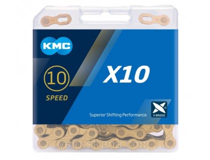 Цепь KMC X10 10 скоростей с замком 114 звеньев + замок GOLD | Veloparts